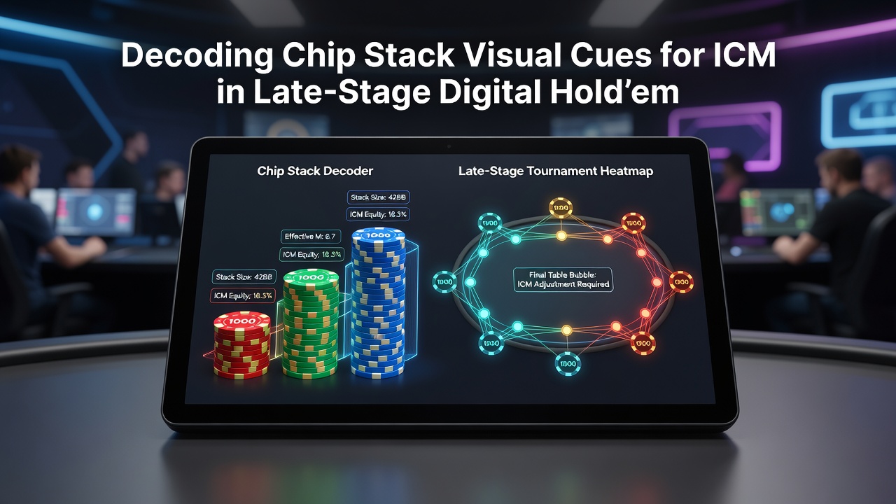 Vergleich verschiedener Chip-Stack-Visualisierungen mit ICM-Werten in einer fortgeschrittenen Online-Turniersituation