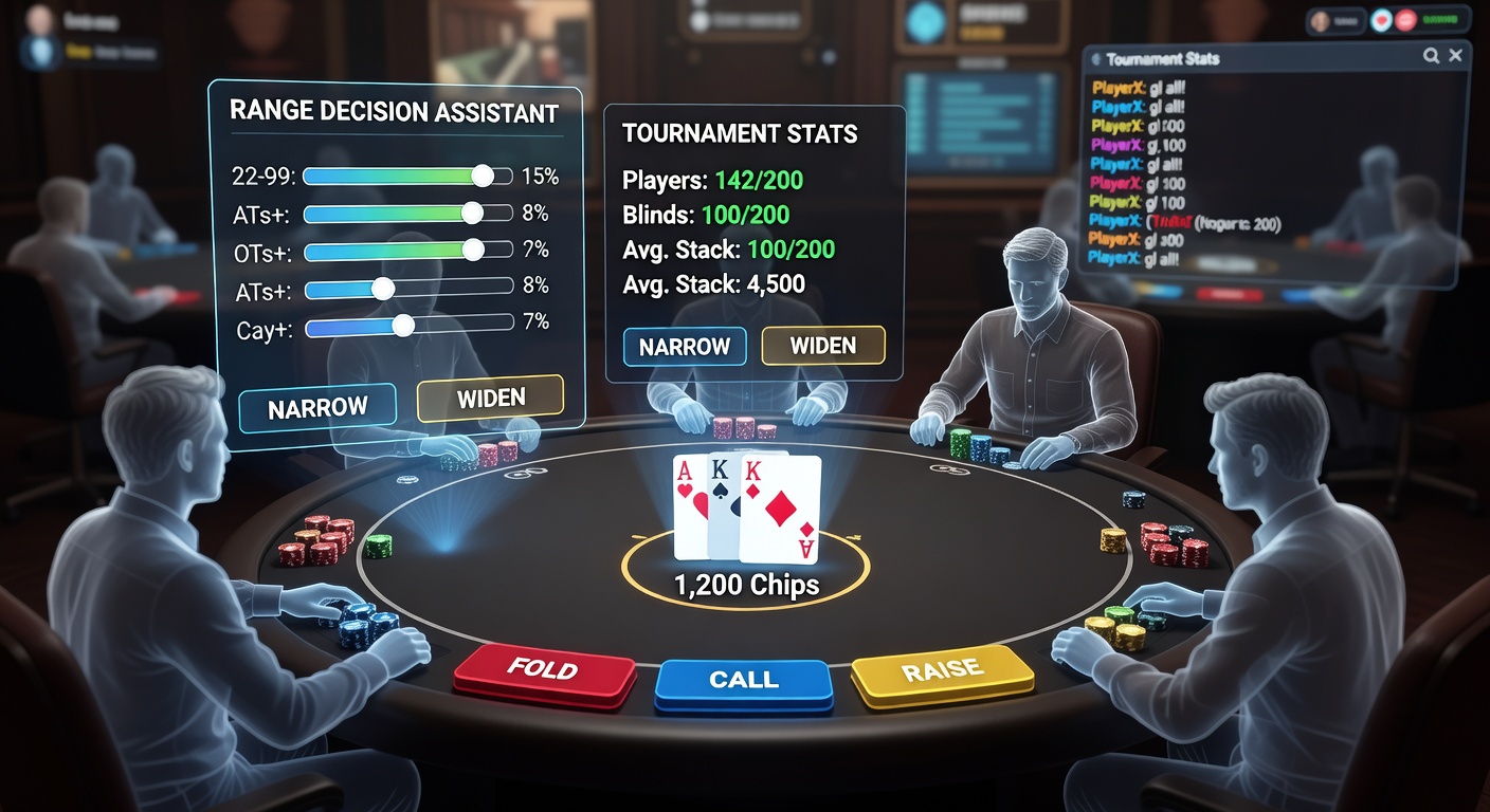 Detailansicht einer Poker-Turnieroberfläche mit interaktiven Range-Tools und Positionsmarkierungen