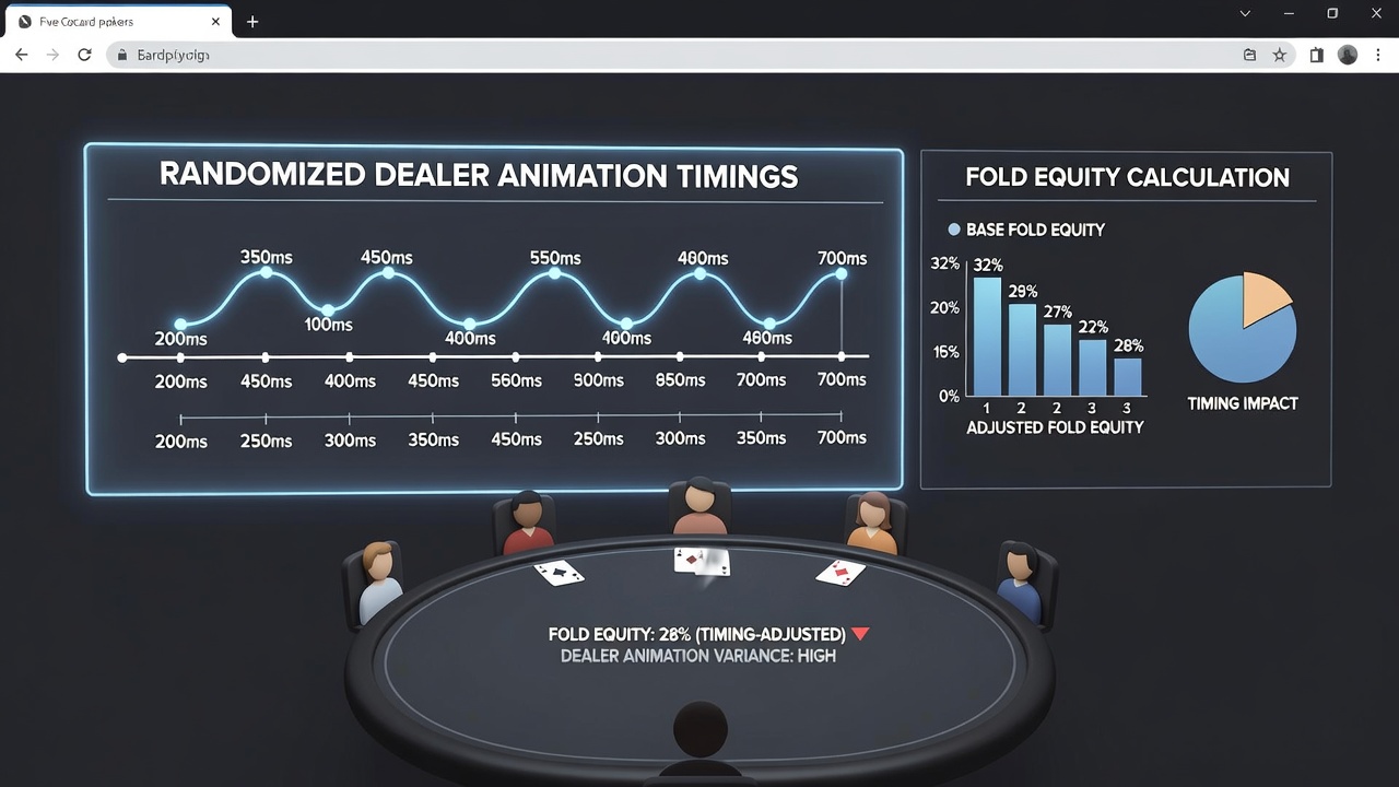 Detailansicht einer Five-Card-Draw-Hand mit eingeblendeter Animations-Timeline und Fold-Equity-Indikatoren