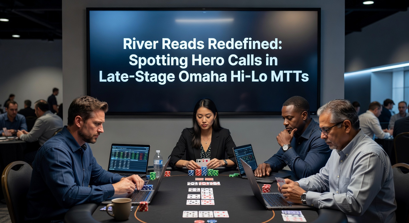 Beispielhand-Diagramm: River-Board in Omaha Hi-Lo mit Equity-Berechnungen für Hero Calls gegen Bluff-Ranges